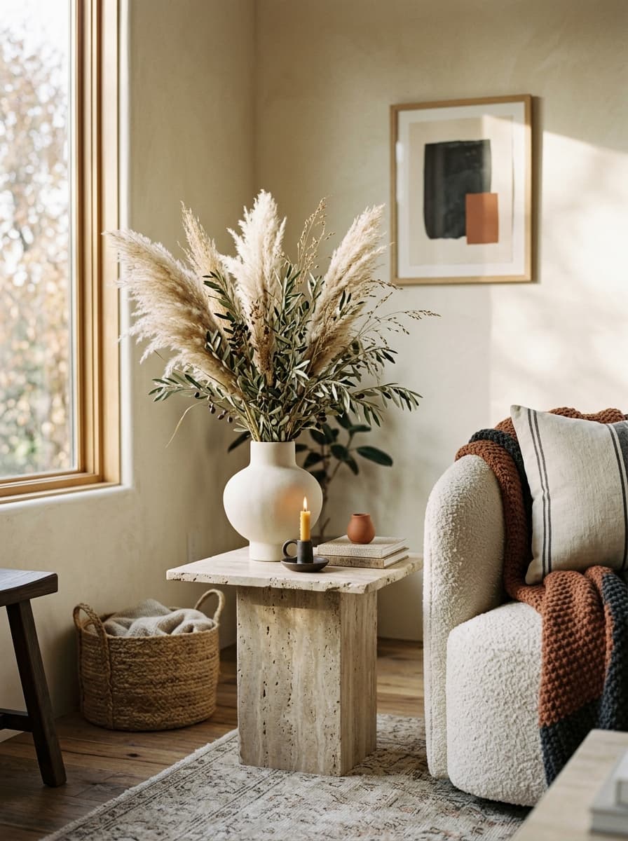 A calm living room corner with a stoneware vase